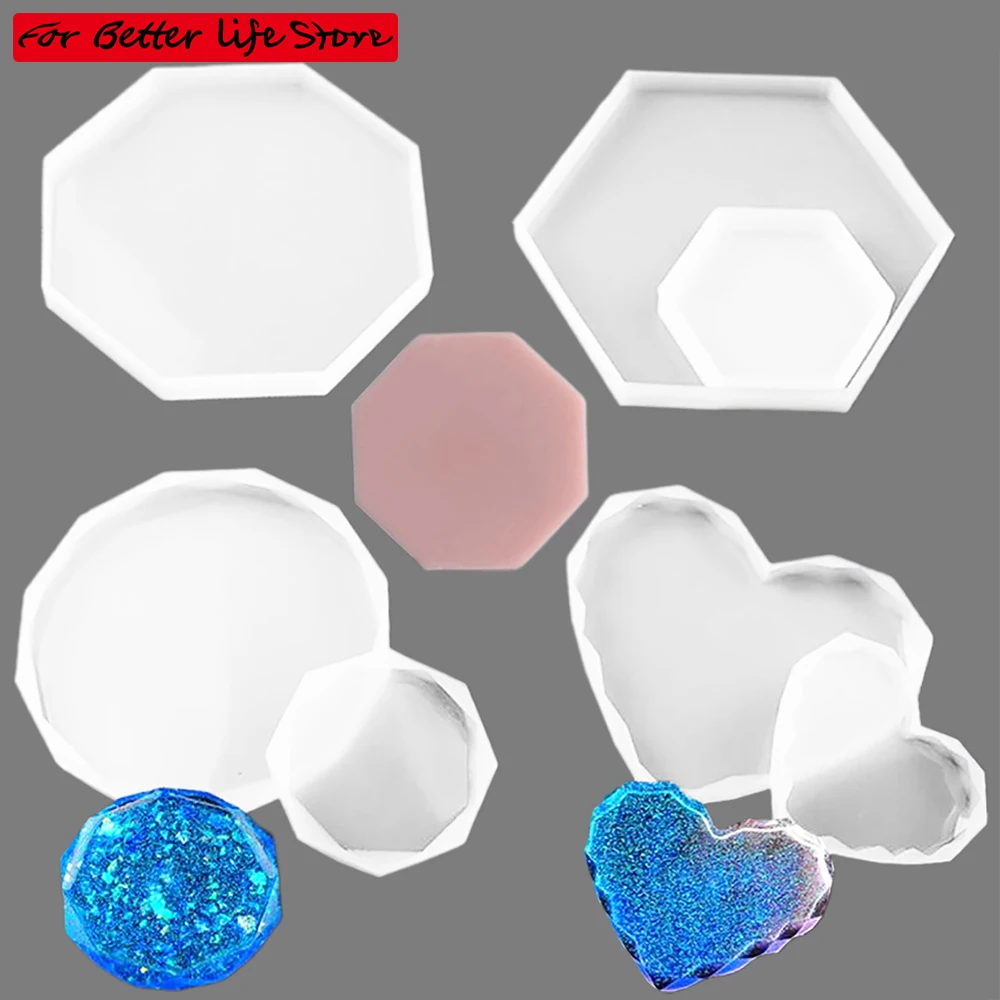 1piece Diy Crystal Epoxy Resin Coaster Mold Crystal Square Round Heart Hexagon Silicone Tray Mold Home Decoration Cup Mat Pad