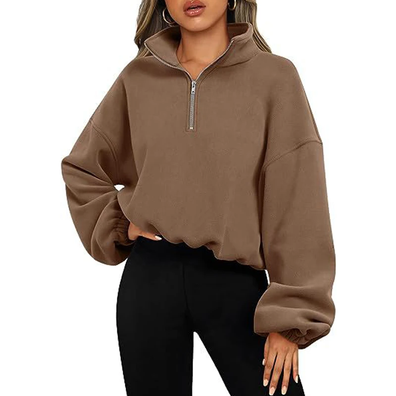 Women\'s Clothing Autumn and Winter Casual Streetwear Oversized Half Zipper Sweatshirt Y2K Solid Long Sleeve Sports Pullover Tops