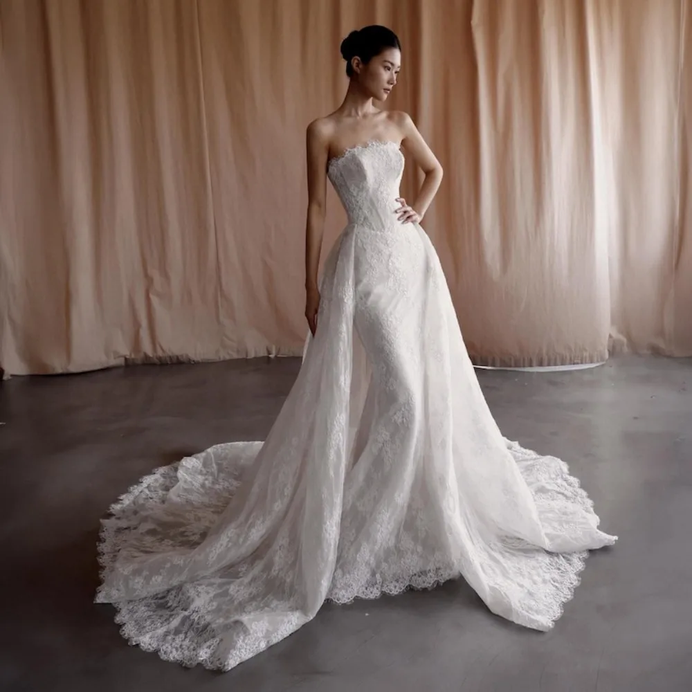 

Custom Strapless Lace Up Detachable Train Mermaid Wedding Dress 2026 Cathedral Train Bridal Gown Plus Size Vestido De Novia