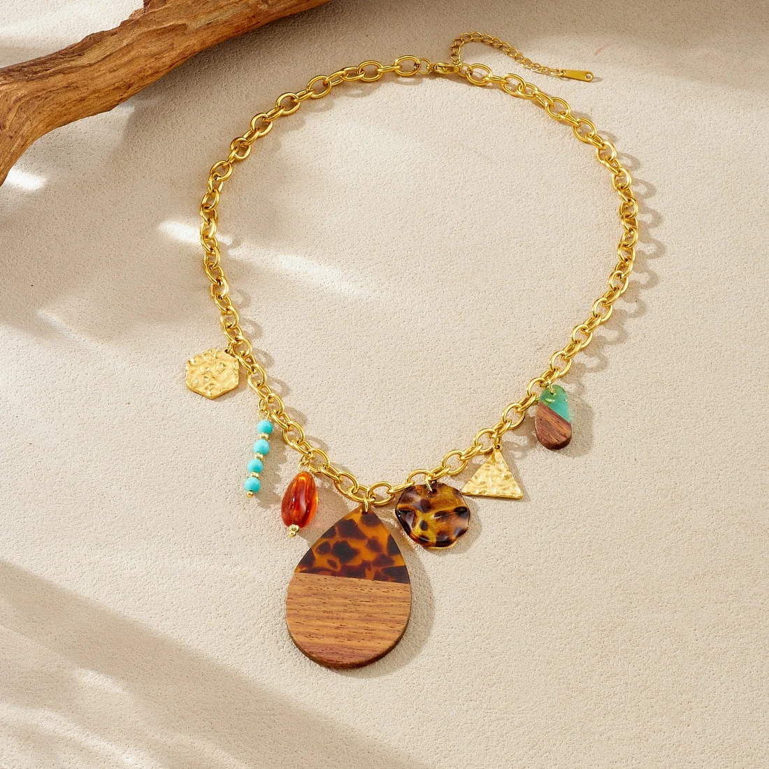 LAMENGLY 316L الفولاذ المقاوم للصدأ العرقية نمط العنبر الاكريليك الخشب الربط قطرة الماء قلادة قلادة سيدة رواية الاتجاه مجوهرات #4