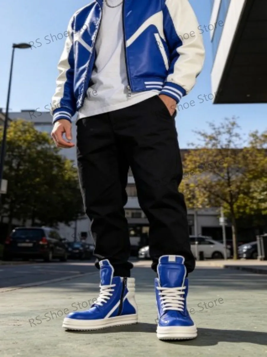 

Ro Men Sneakers Blue Leather High Top Shoe Lace Up Women Casual Shoes Classic Boots Zipper Cowhide Ankle Boot