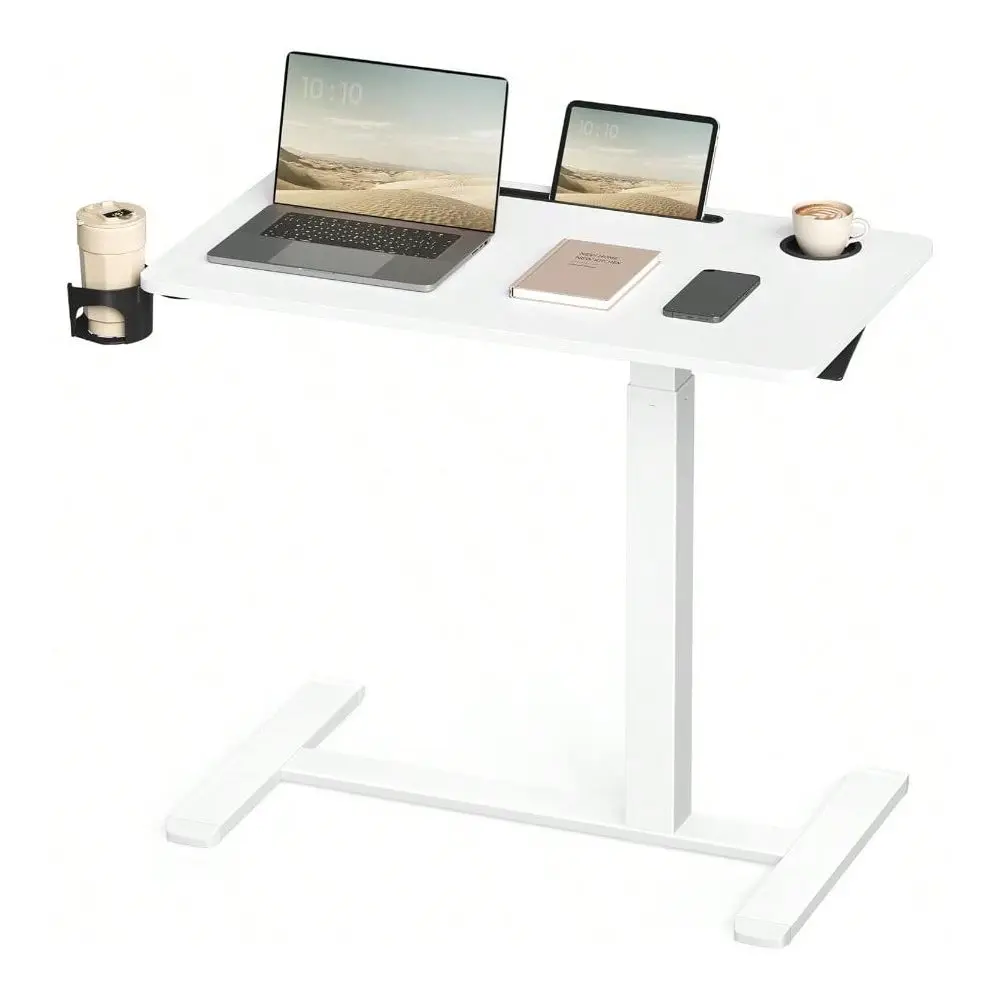 Table With Wheels, Mobile Standing Computer Desk, 31.5 X 17.7 Inches Tabletop, Adjustable Height, 2 Cup Holders, Phone And Tabl