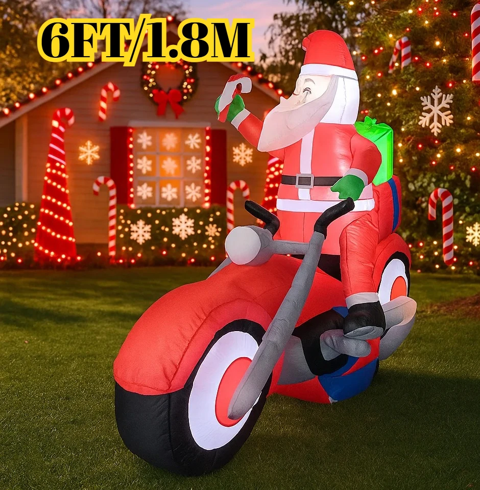 6FT Christmas Decorations Inflatable Motorcycle Santa Claus Toys Home Yard Ornaments with LED Decor Christmas Supplies Outdoor