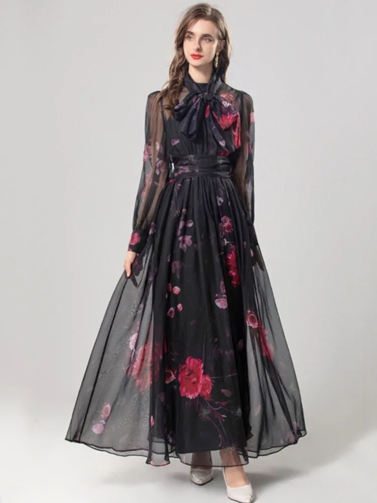 

Autumn Fashion Dress Women Scarf Collar Long Sleeve Flower Printing Vestidos Ruched Party Holiday Sliming