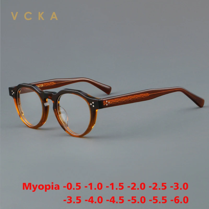 

VCKA Vintage Round Acetate Myopia Optical Spectacle Frames Women Fashion Glasses Men Custom Prescription Eyewear -0.50 to -6.0