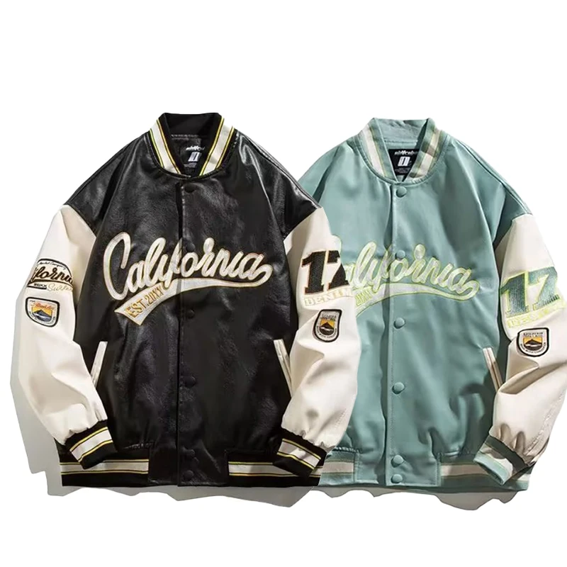 Chaqueta bordada con uniforme de béisbol para hombre, ropa de hip hop de piel sintética