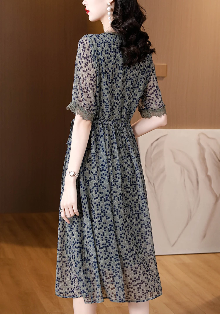 2023 Women's Dress Silk Printed O-Neck Short Sleeve Long Dress Summer New Loose Size Large Lace Panel Waist Shrinking Long Dress