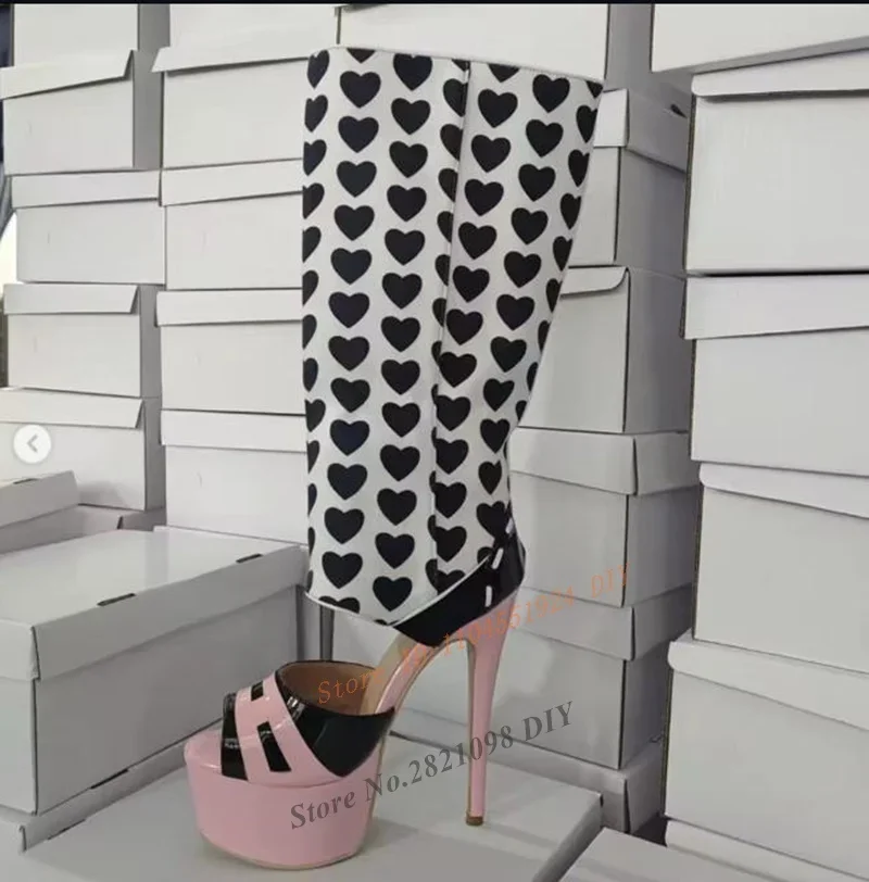 Thin Heeled Pink Polka Dot Knee-High Sandal Boots Women Patchwork Leather Peep Toe Summer Boots Stiletto Club High Heel Shoes view 5