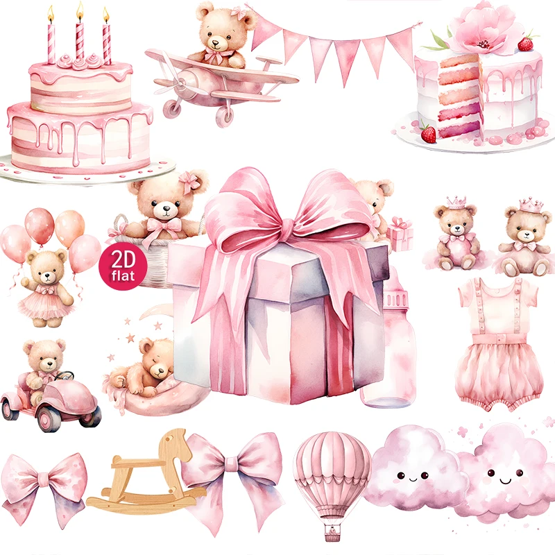 20pcs 2D flat Cute Pink Bear Decorative Stickers, Cartoon Watercolor Style, Suitable for DIY scrapbook stickers