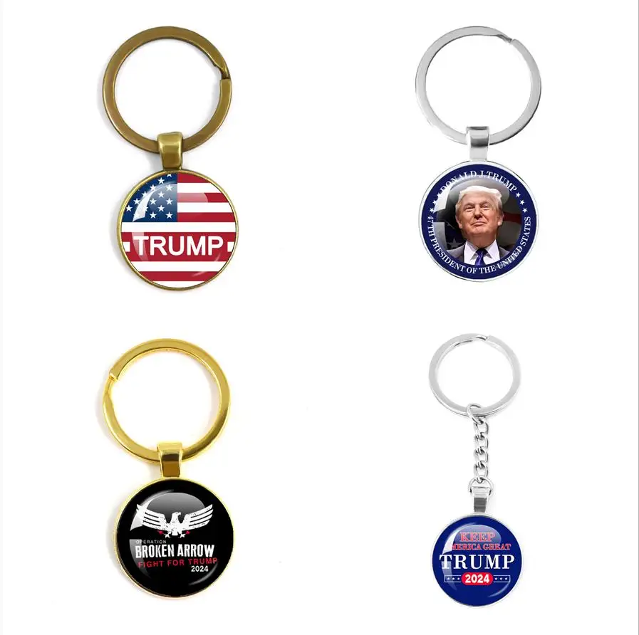 Trump 2024 Flag Keychain Save America Again Glass Cabochon Pendant Key Chains for Men Women Jewelry Gift