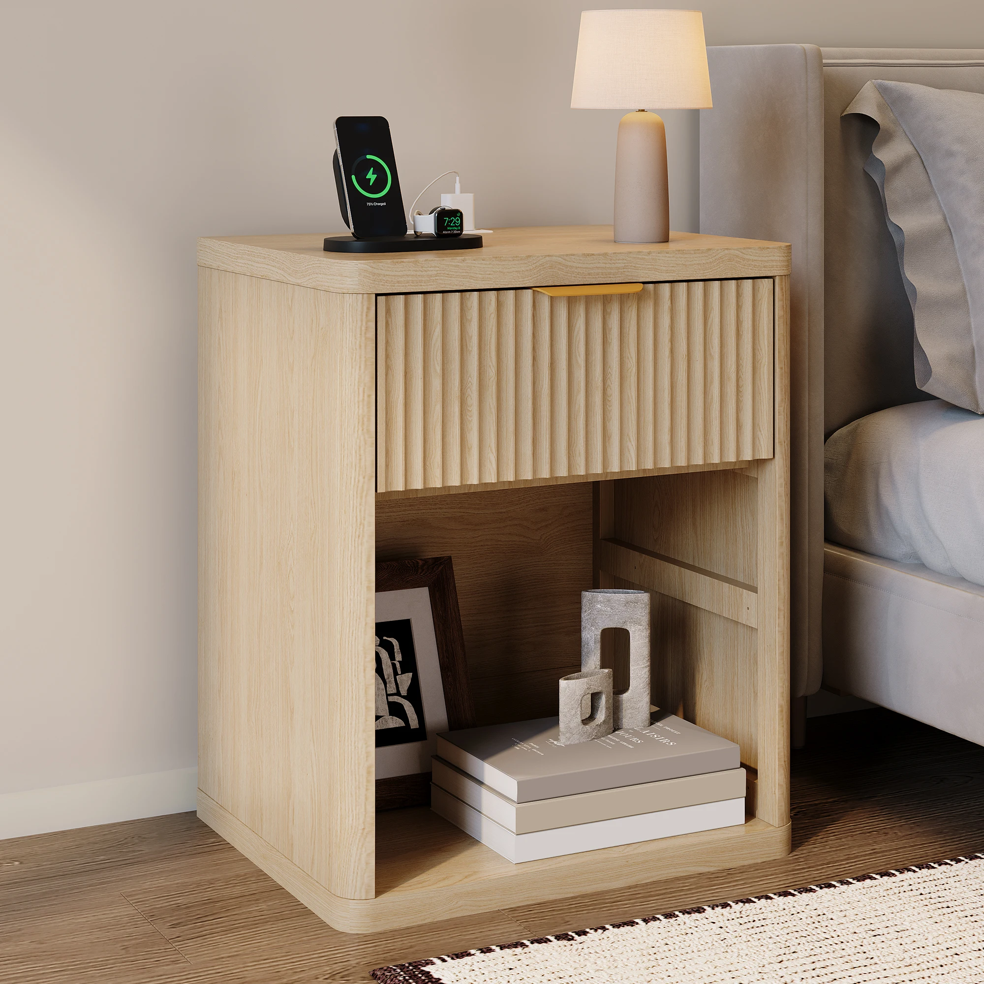 Fluted Bedside Tables with Charging Station – Modern Bedside Tables with 1 or 2 or 3 Drawers, Open Storage Cabinet, Metal Handles, Rounded Safety Corners – Bedroom or Living Room
