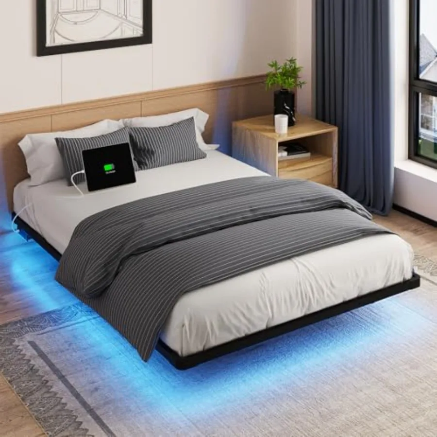 هيكل سرير عائم كامل مع محطة شحن مدمجة وإضاءة LED لتزيين غرفة النوم الحديثة وتصميم عائم يعزز المساحة #1