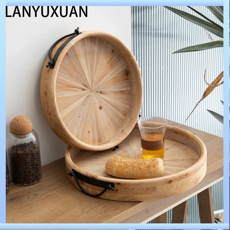 

Solid wood round tray, retro creative home dining plate, wooden plate, tea tray, snack tray, large storage tray