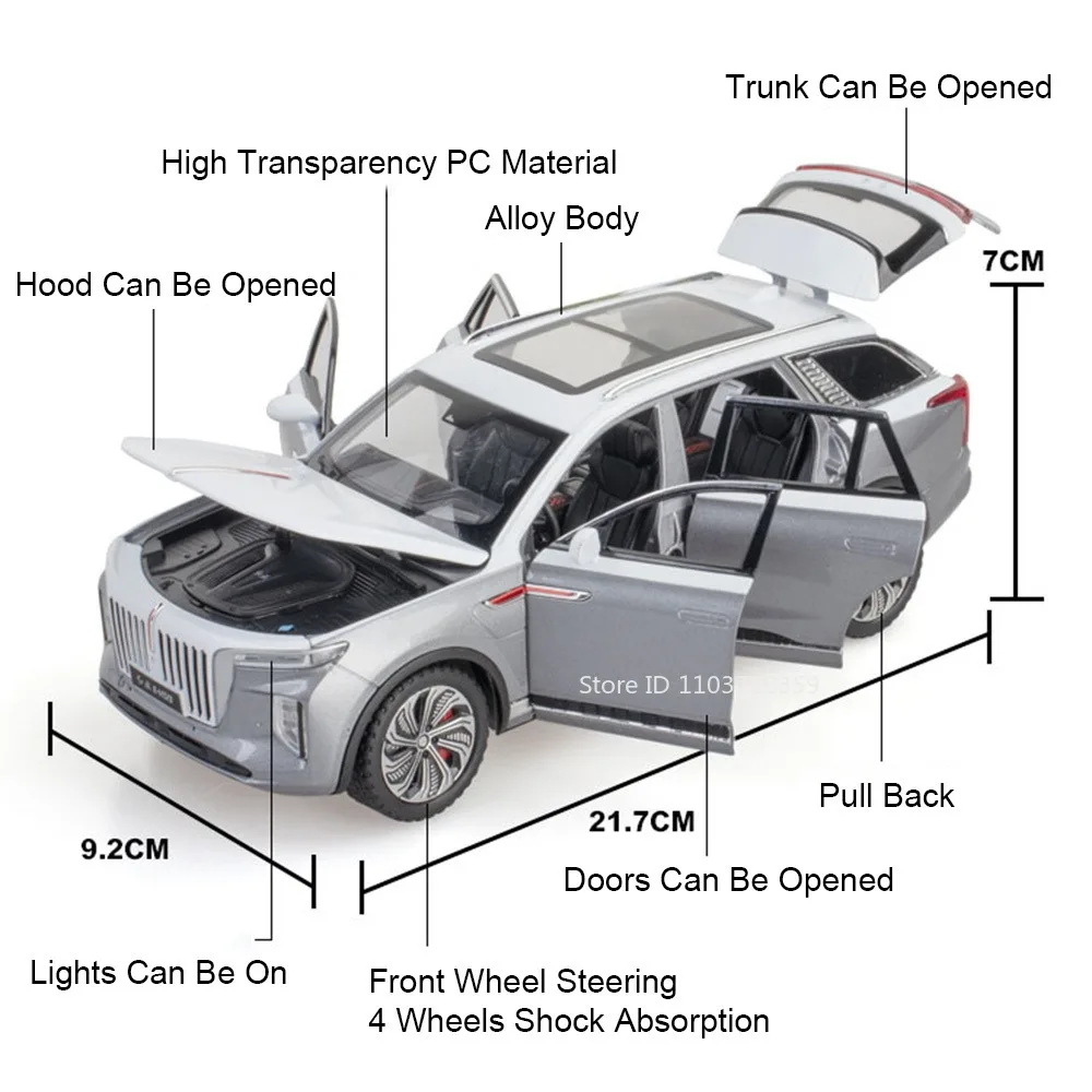 1:24 Scale HONGQI E-HS9 Toy Car Models Alloy Diecast 70TH Anniversary Vehicles Sound Light Doors Opened Pull Back for Kids Gifts
