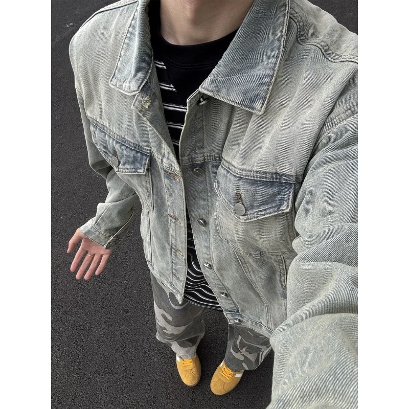 

Весенне-осенний желтый грязевой цвет для мужчин в американском стиле, дизайн Vibe, стираный винтажный отложной воротник, модный