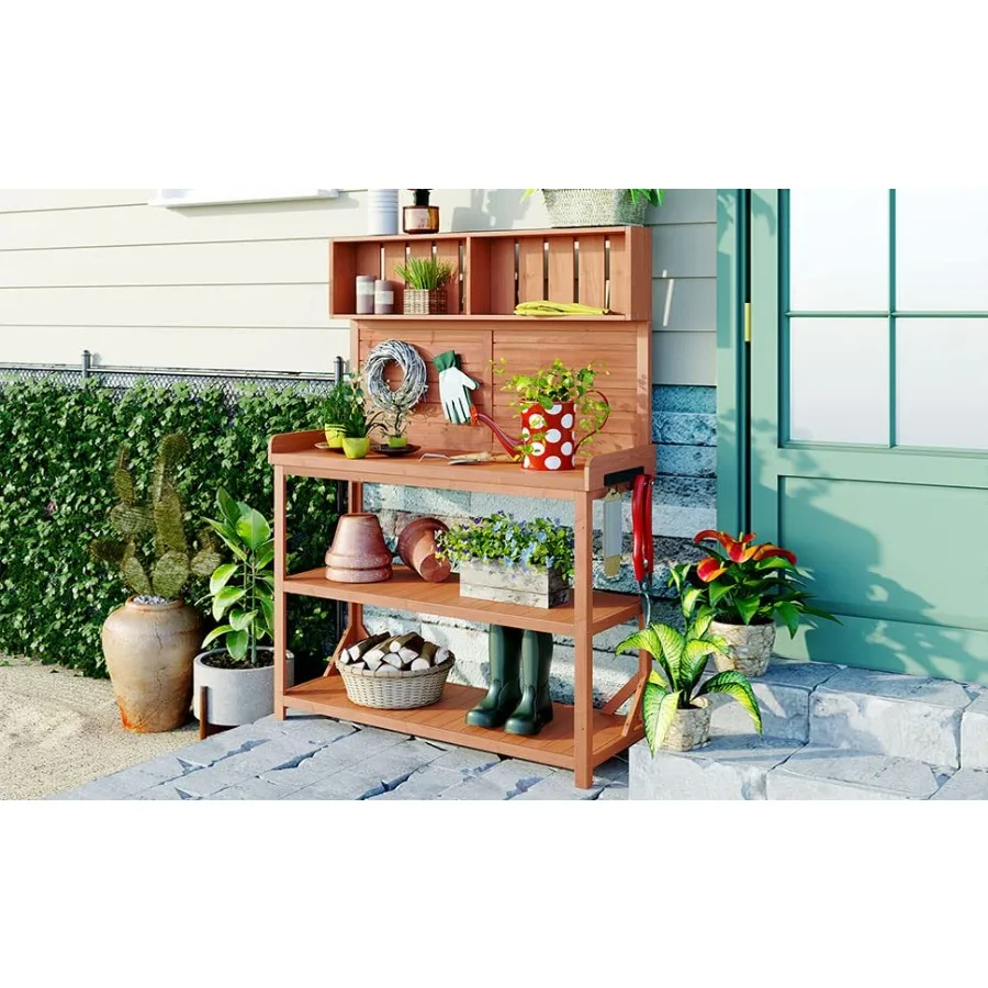 Outdoor Potting Bench For Farmhouse Use, Made Of Wood, Natural Finish, Rustic Style With 4 Shelves And Side Hook For Garden Wor