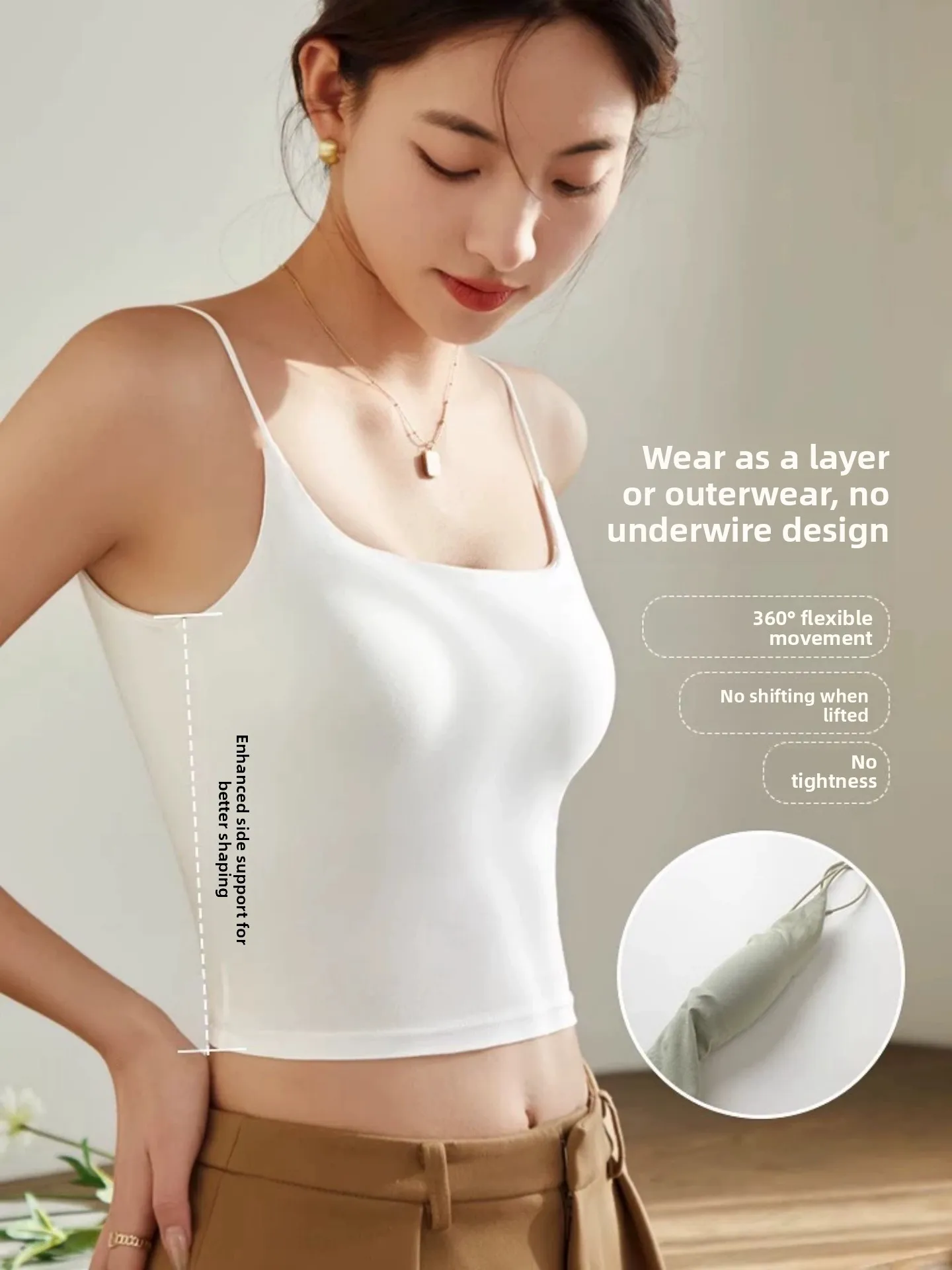Pure Cotton U-Neck Tank Top Women's Integrated Built-In Chest Pad Inner Wear Outer Wear Strap Vest Short Length Daily Use