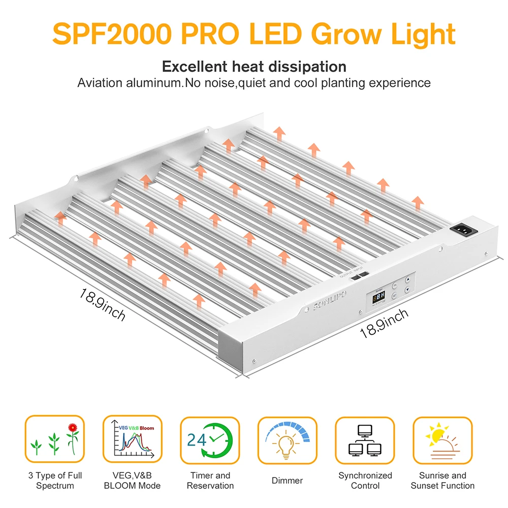 SPF2000PRO LED GROW LIGHT 200W พร้อม FULL SPECTRUM VEG & BLOOM DIMMER TIMER - 4X4FT COVERAGE