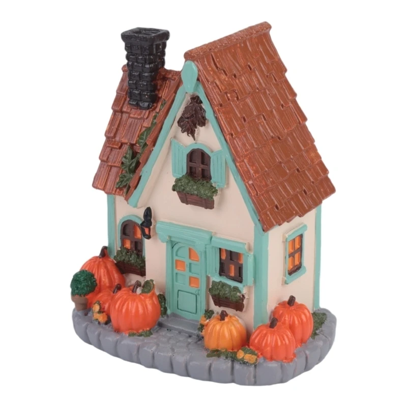 U2JC Fall Pumpkin Cottage Table Decors Resin Mini Village House Statue with LED Light