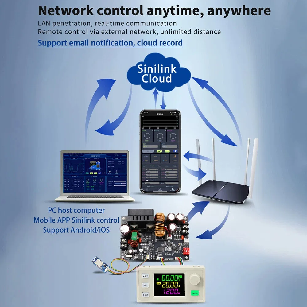 XY6020LV CNC Voltage Regulator Power Supply 0.0-60.0V 0.00-20.00A 1200W with Gold Plated Display and Indicator Light Buttons