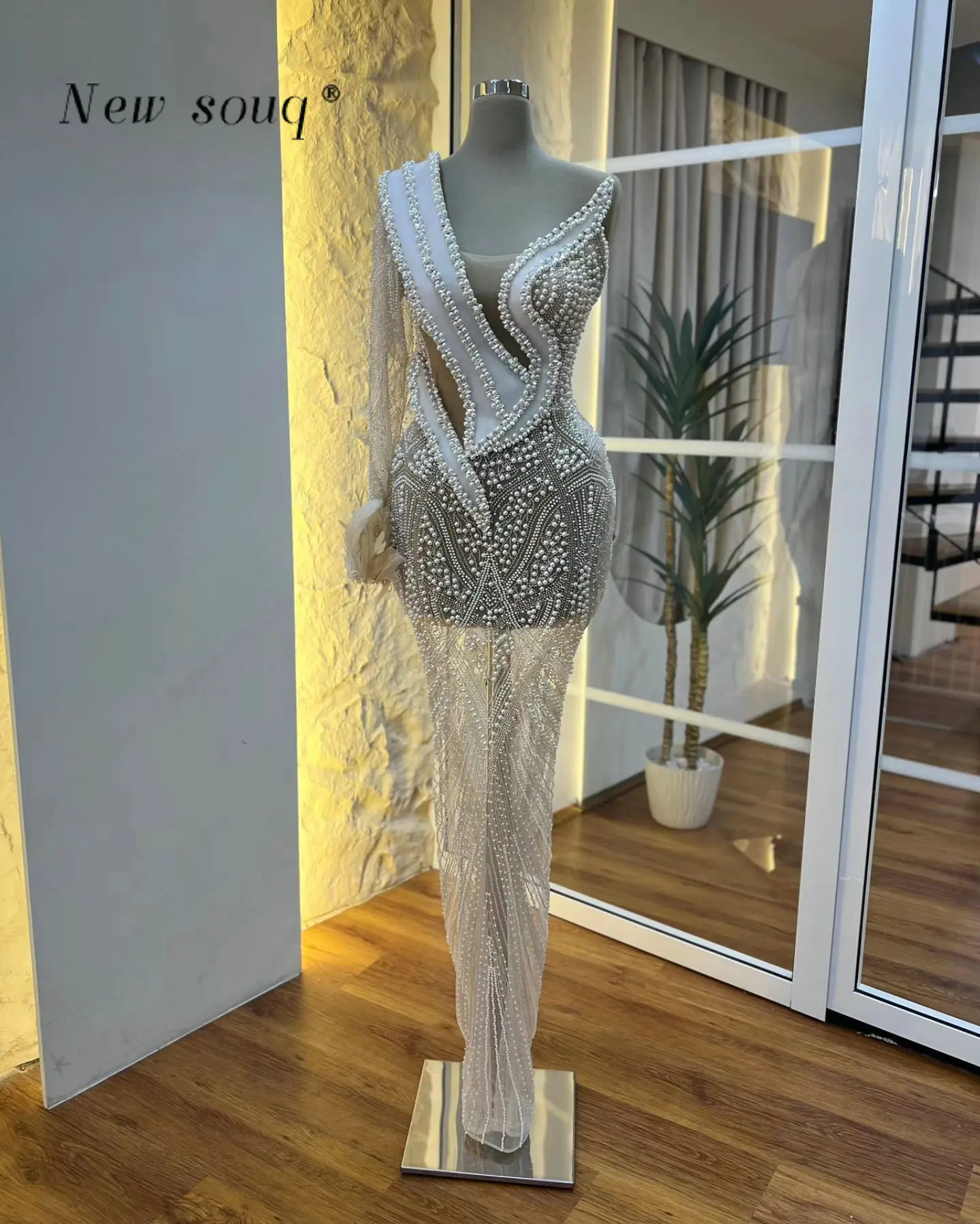 One Shoulder Single Long Sleeve Pearls Crystals Mermaid Evening Dresses 2025 Arabic Sexy Illusion Wedding Dinner Prom Gowns