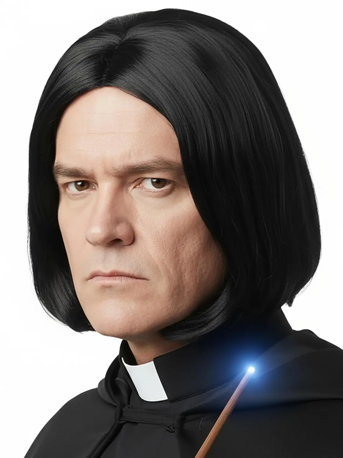 Brązowa, błyszcząca, męska, ciemna peruka w stylu czarnoksiężnika do odgrywania ról, długa, czarna, syntetyczna, odporna na ciepło, dla dorosłych, na Halloween.