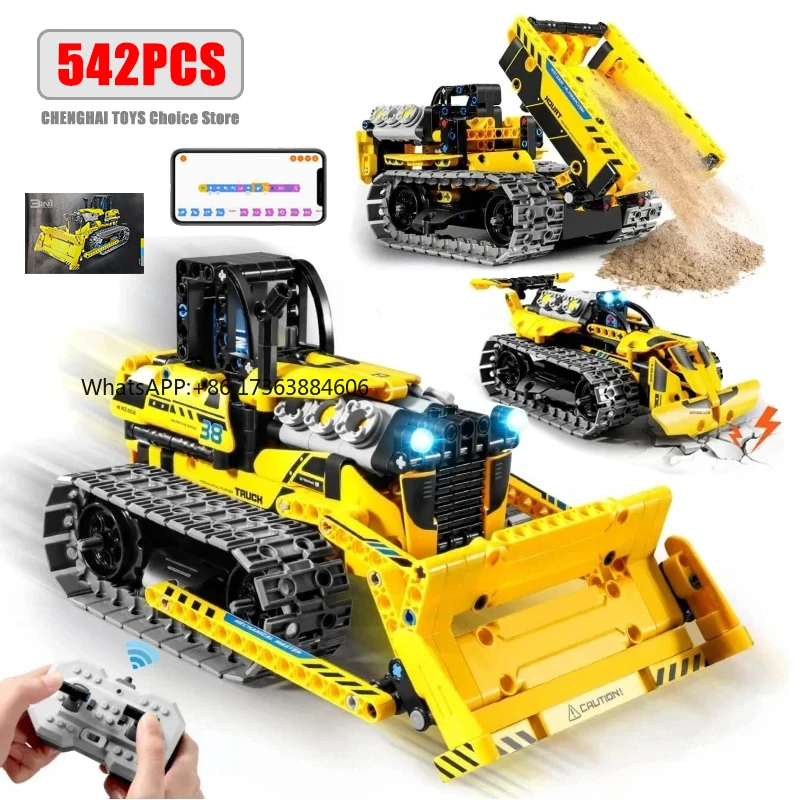 542pcs 3 in 1 Remote Control Programming Truck/Bulldozer Building Blocks Stem Kits for Kids Age 8-10 Educational Toys Boys Gifts