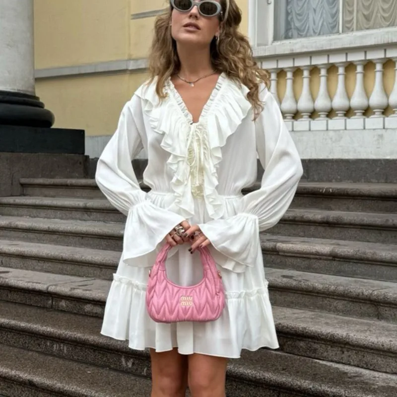 

Elegant Loose Style Ruffled Flare Sleeve Mini Dress V Neck Bandage Patchwork Bell Sleeve Dresses Fashion Design Women Boho Dress