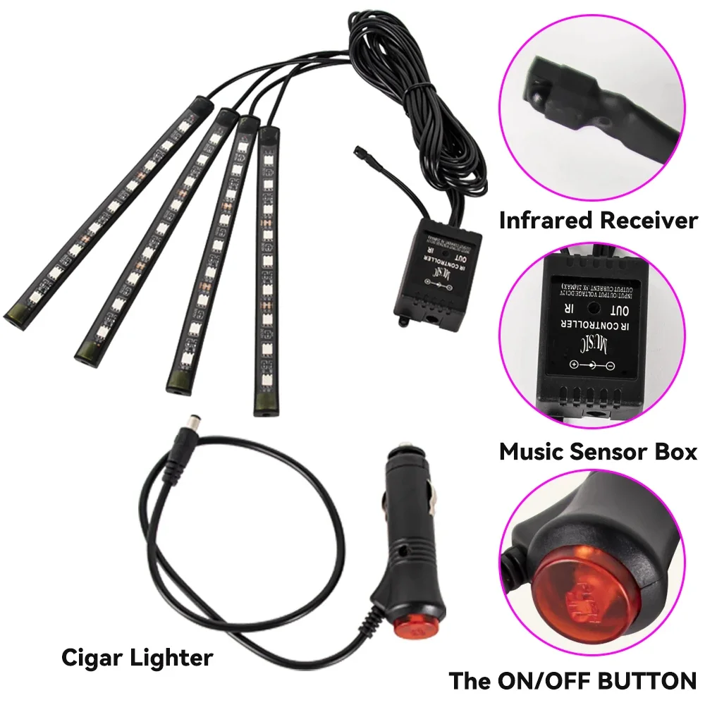 RGB LED-Autolichtleiste Ambientebeleuchtung LED-Fußraumleisten mit USB-Zigarettenanzünderanschluss Automotive-Innenbeleuchtung Dekorative Leiste mit Steuerung – Detail 2