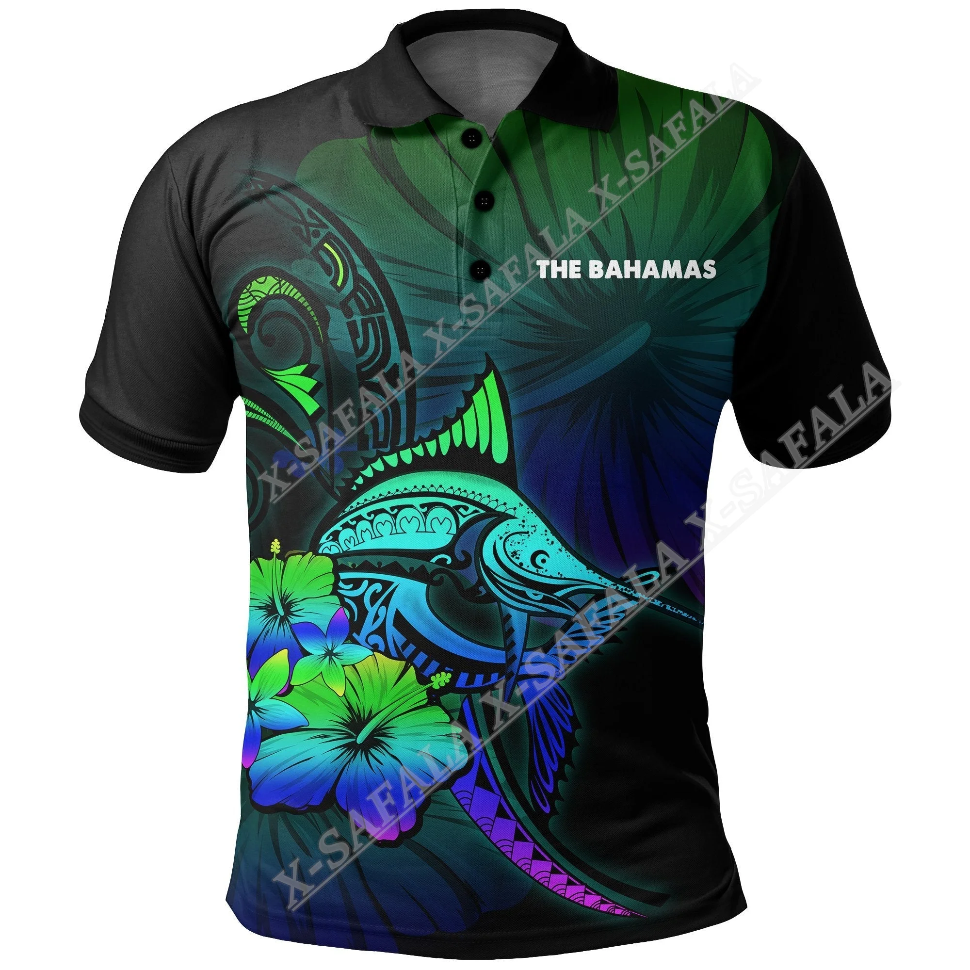 Bahamas Colorful Marlin and Hibiscus 3D Print Polo T-Shirt Men Collar Short Sleeves StreetWear Casual Top New Summer Clothes