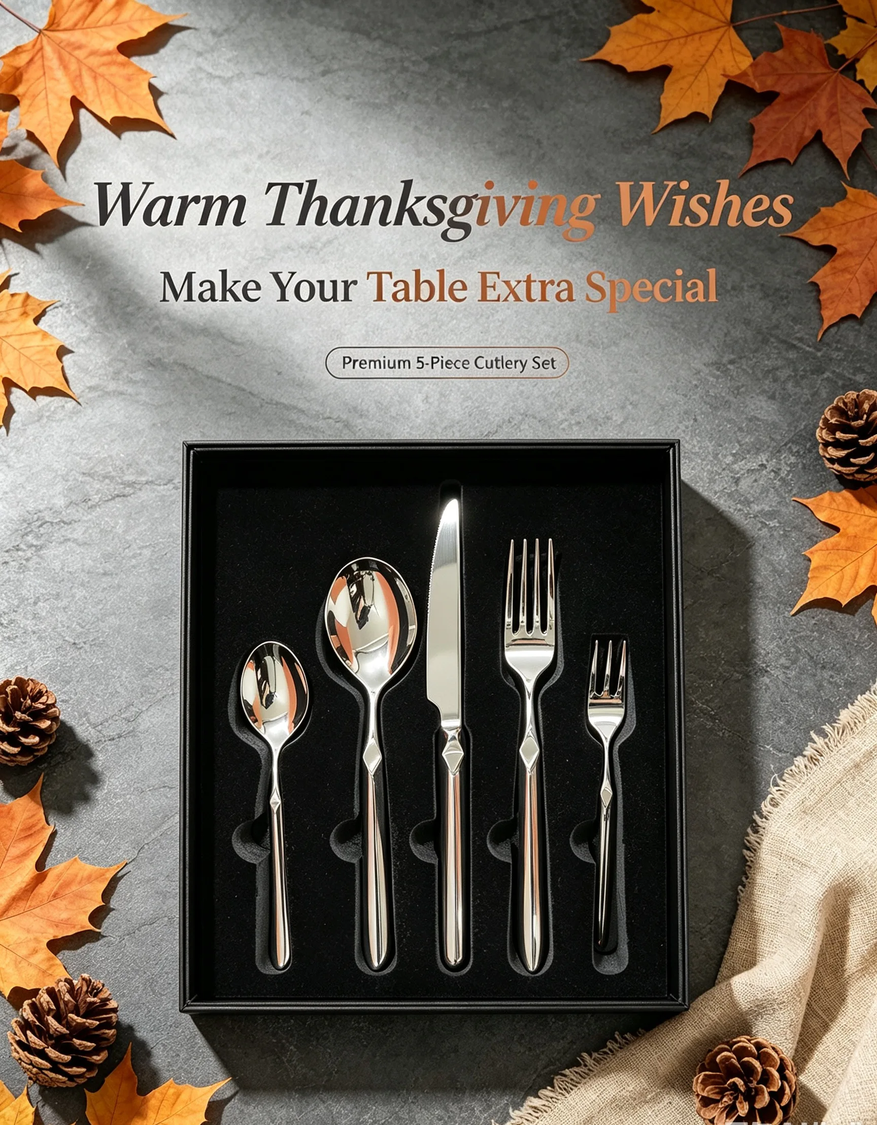 Luxury 5Pcs Stone Textured Handle Cutlery Set, 420/304 Stainless Steel Dinner Utensils with Premium Gift Box
