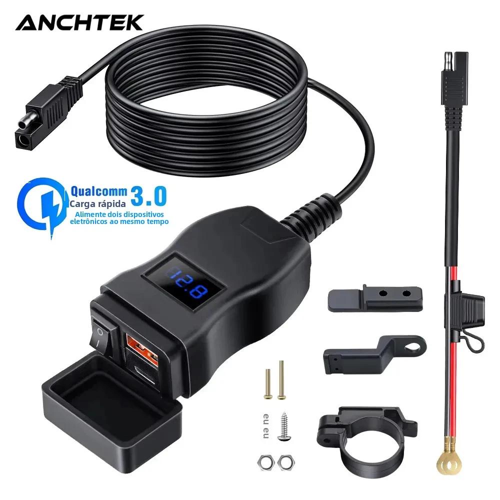Anchtek carregador montado em veículo para motocicleta, adaptador à prova d'água 12v para telefone, portas usb pd, carga rápida 3.0 com interruptor, acessório para moto
