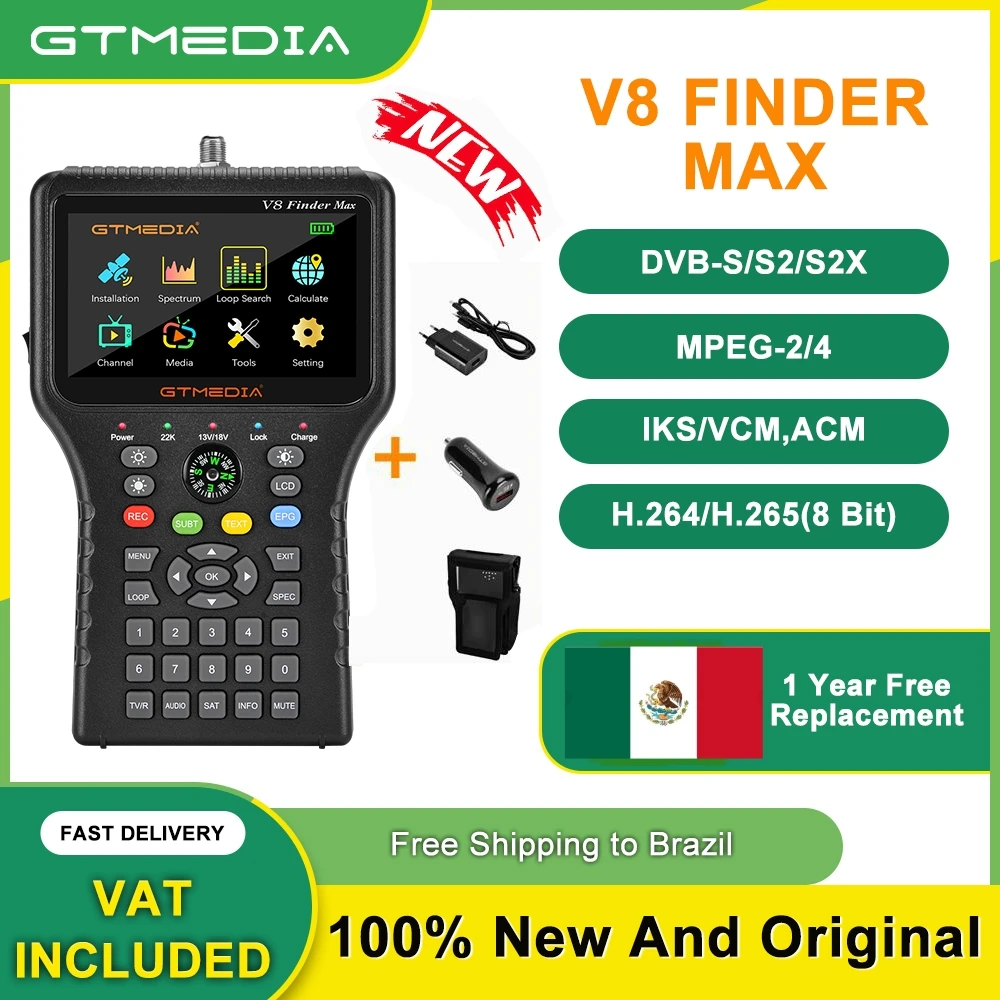 Buscador de satélite GTMEDIA V8 Max 4,3 pulgadas DVB-S/S2/S2X MPEG-2/H.265 ACM 1080P HD Receptor Receptor de señal de TV, stock en México