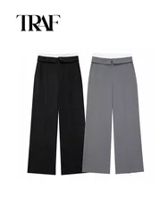 TRAF Summer Women Fashion Trousers New Striped Tight Long Pants Woman Wild Streetwear Female Straight Wide Leg Pant