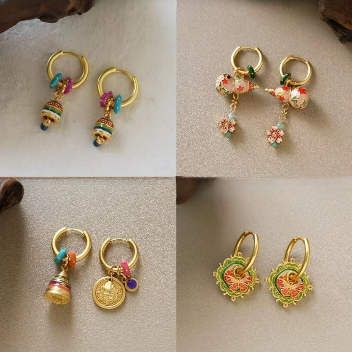 Retro Court-style Hand-painted Enamel Gold-plated Earrings for Women Removable Design Various Wearing Methods Luxurious Jewelry