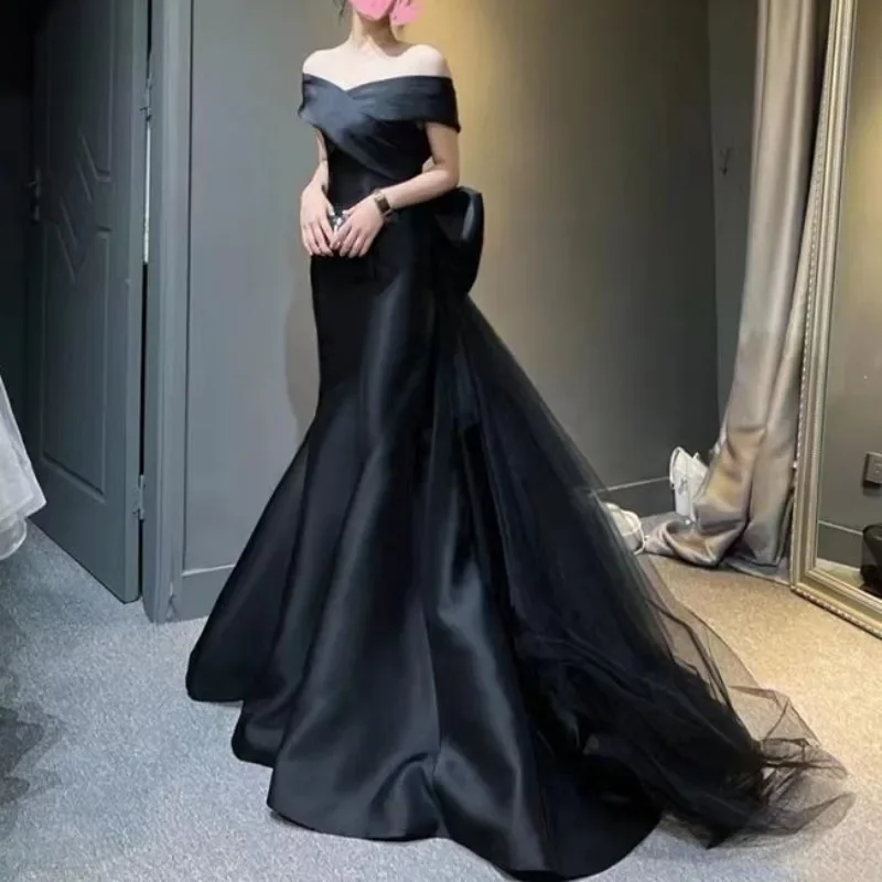 

Luxury Satin Black Evening Trumpet Dresses Women Boat Neck Formal Party Trailing Dress Sweet Bow Design Prom Gown Vestidos Robe