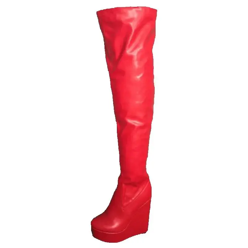 

Olomm New Women Platform Over The Knee Boots Wedges High Heels Boots Round Toe Gorgeous Red Dress Shoes Women Plus US Size 5-15