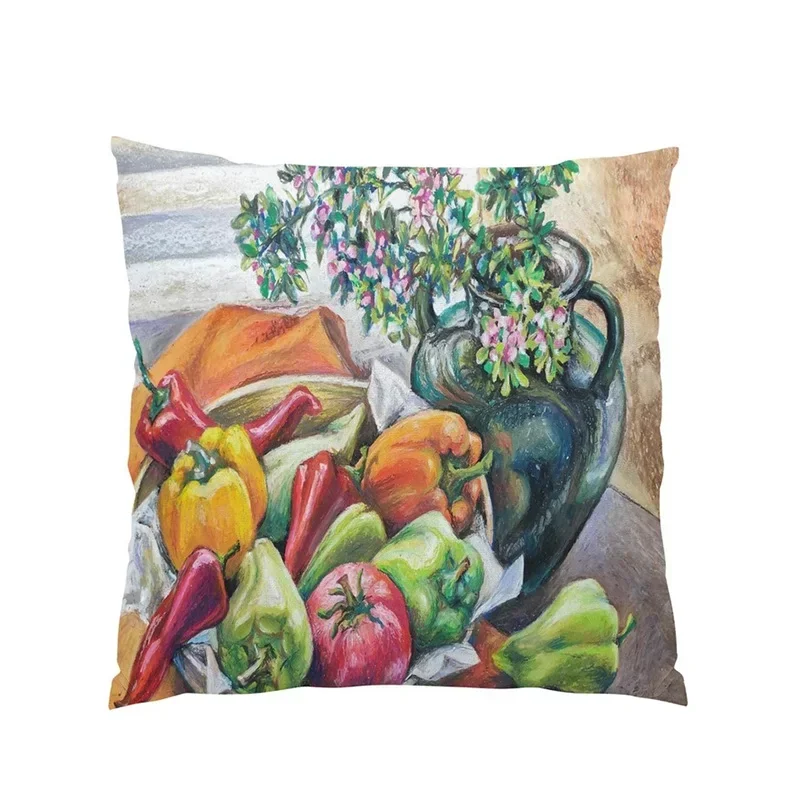 Retro Oil Painting Fruits and Vegetables Pepper Flower Pattern Pillowcase Car Living Room Sofa Decoration Pillowcase 45*45cm