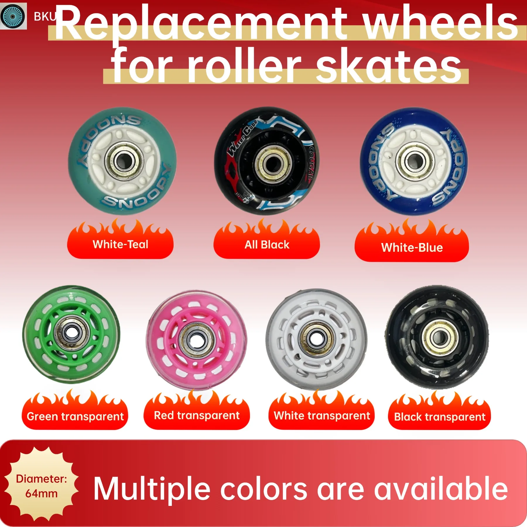 

2 - pack 64mm PU roller skate replacement wheels, fit for ice skates, scooters, luggage, skateboards, baby strollers.