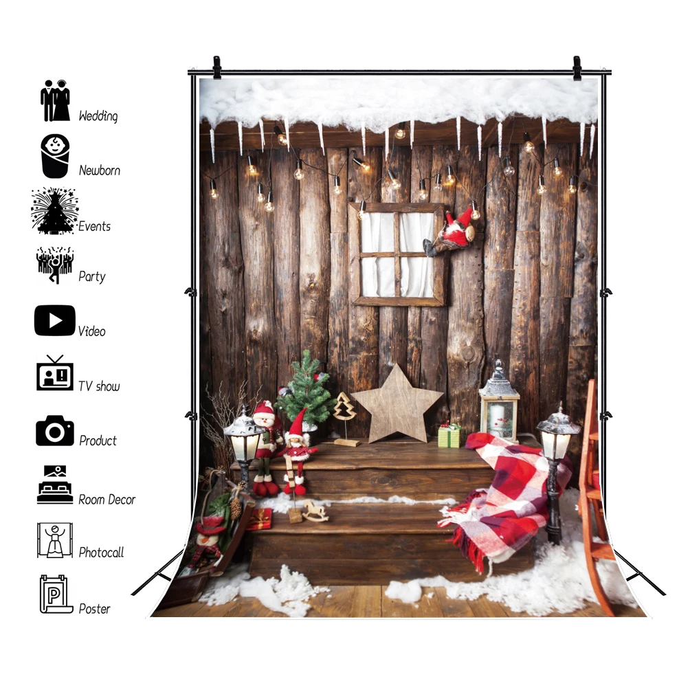 Merry Christmas ฉากหลังสําหรับถ่ายภาพ Xmas Tree เตาผิงหิมะของขวัญบ้านไม้ครอบครัวเด็กภาพพื้นหลัง