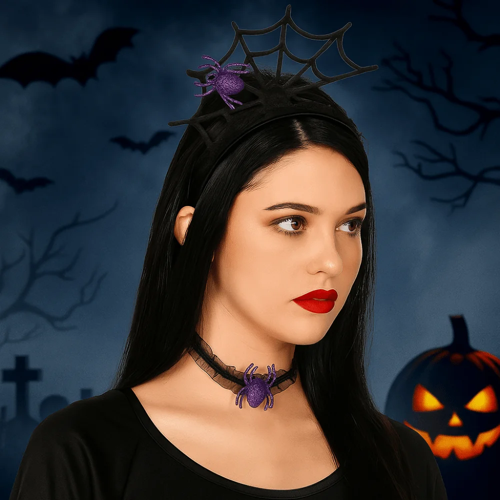

Personality Black Halloween Headband Ruffles Hollow Hairband Necklace Set Cosplay Props Mesh Spider Web Hairband Party