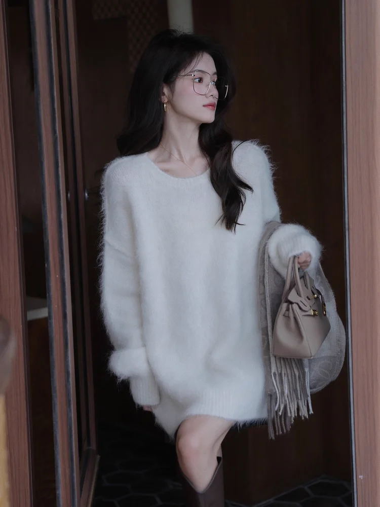 

2025 Mink fleece sweater women's new lazy style loose knitted sweater mid-length white sweater women's autumn and winter outer w