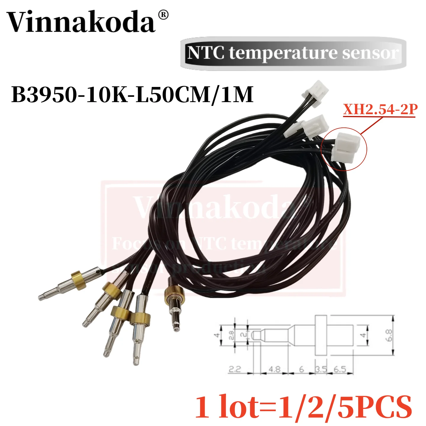 1/2/5PCS Bullet Head NTC Thermistor Temperature Sensor 10K Waterproof Probe with Copper Ring B Value 3950 50CM 1M