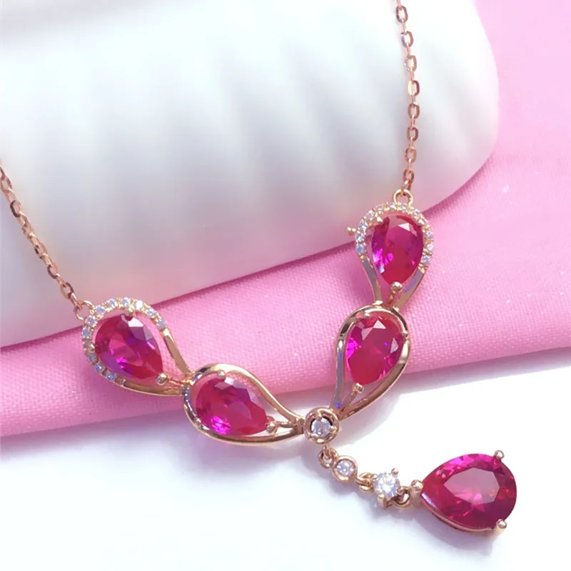 585 Purple Gold Luxury Ruby Necklaces 14K Rose Gold Chain Water Drop Delicate Pendant Dinner Wedding Women Jewelry