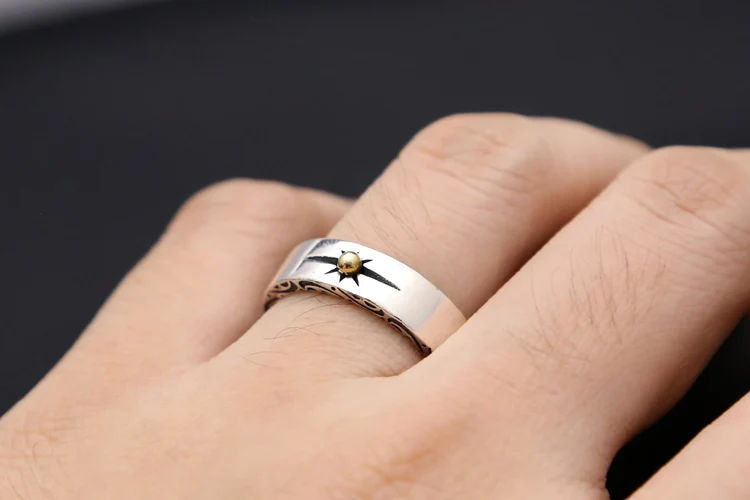 S925 pure silver retro personalized sun ray ring, Thai silver men's and women's ring, trendy food ring view 3