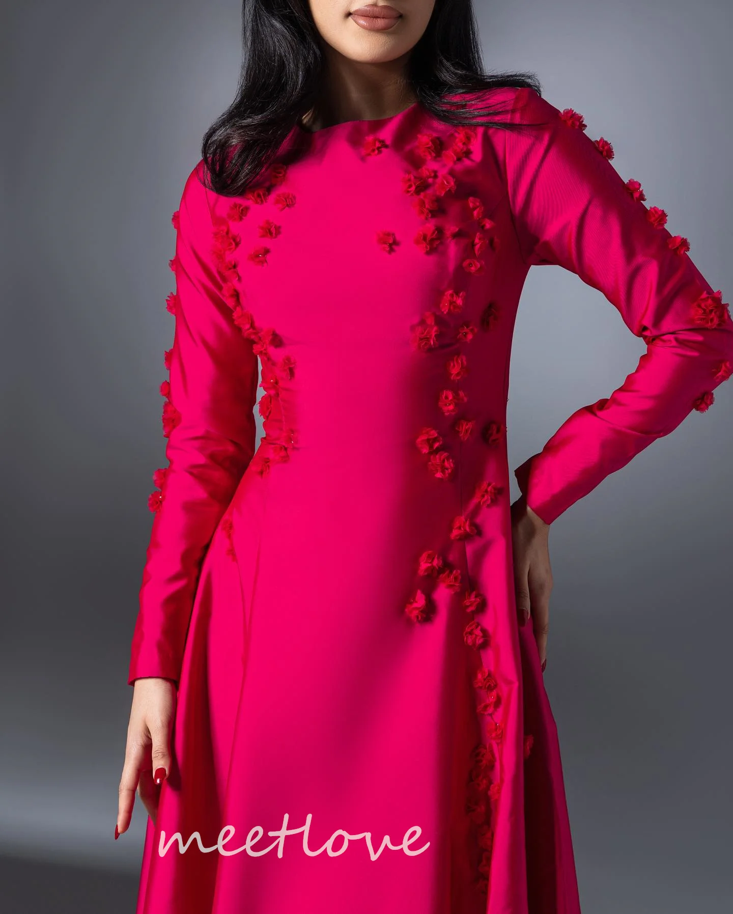 فساتين Meetlove فوشيا للحفلات الراقصة مزينة بأكمام طويلة فساتين سهرة رسمية طويلة بطول الأرض للحفلات من فيستدوس دي نوشس