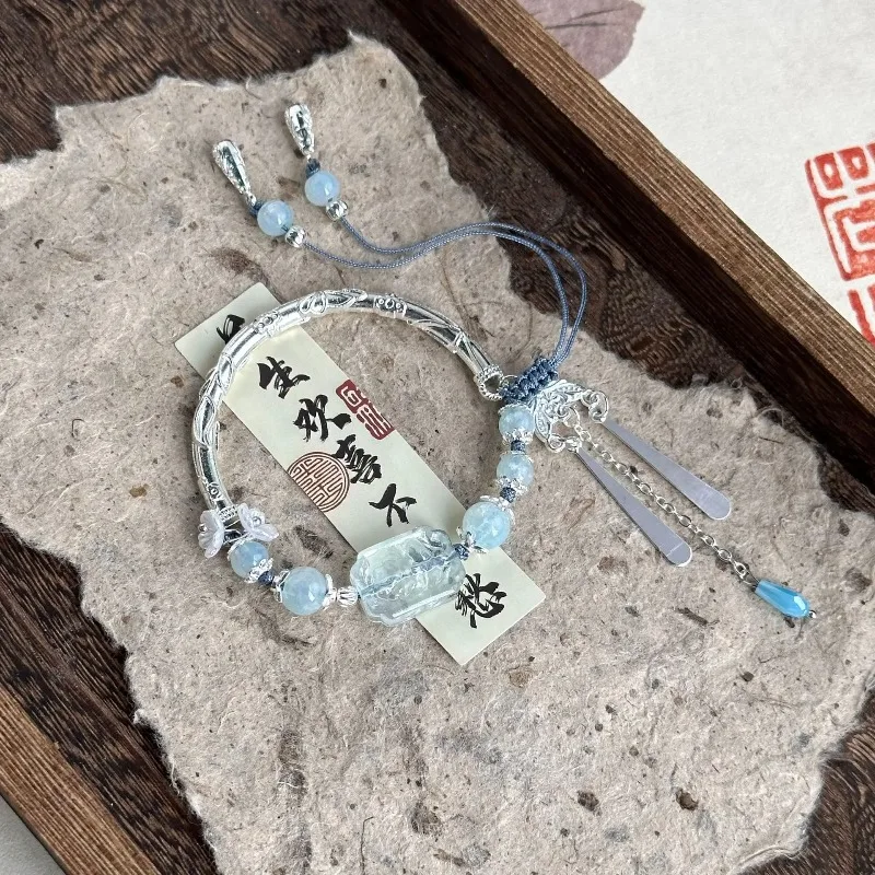 새로운 중국 스타일 태슬 블루 비즈 롱 펜던트 팔찌 여성용 궁정 스타일 팔찌 기품 있는 팔찌 패션 주얼리