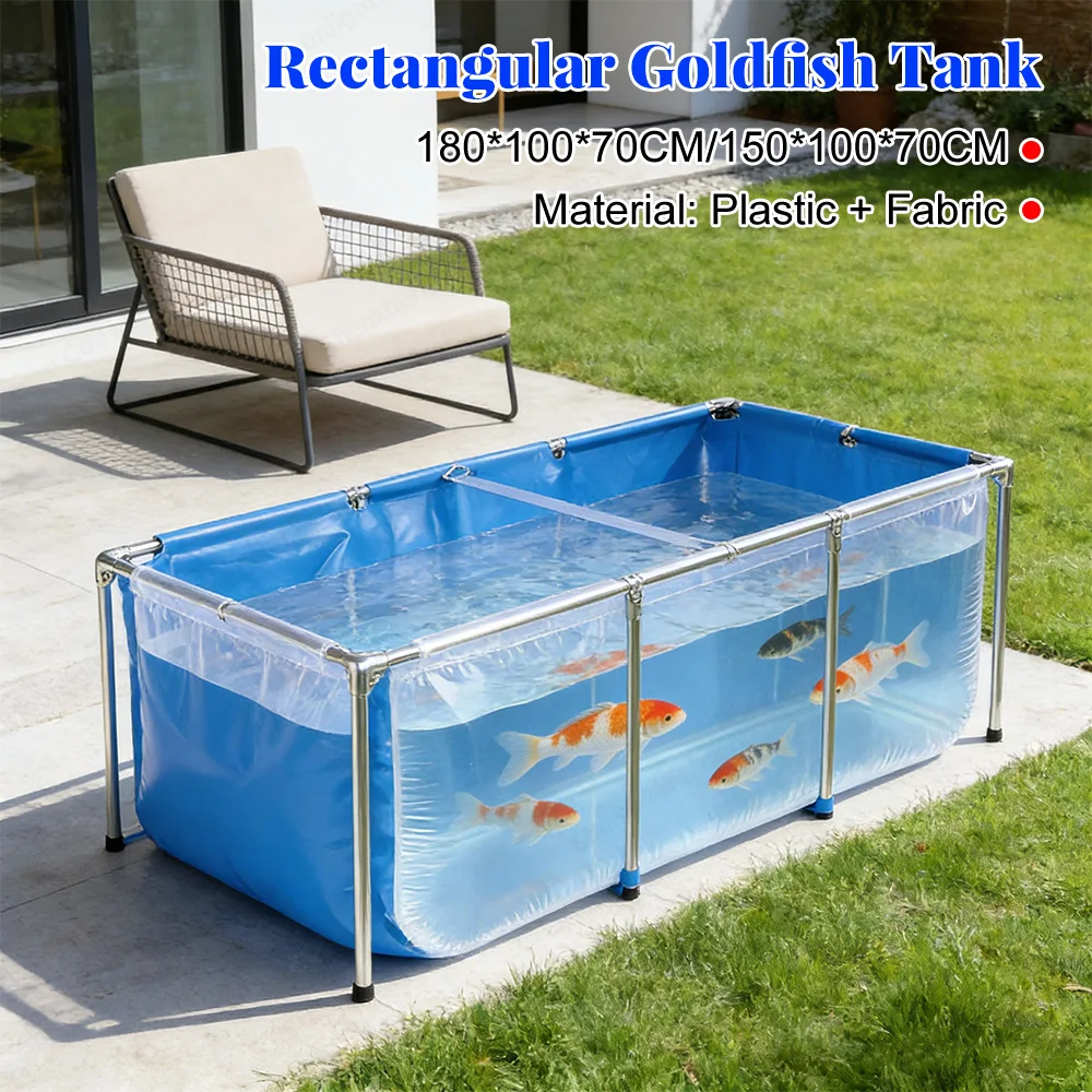 

Rectangular Goldfish Tank with Frame & Drain Valve Above Ground Fish Pond Clear Viewing Panel for Plants & Fish Backyard Use