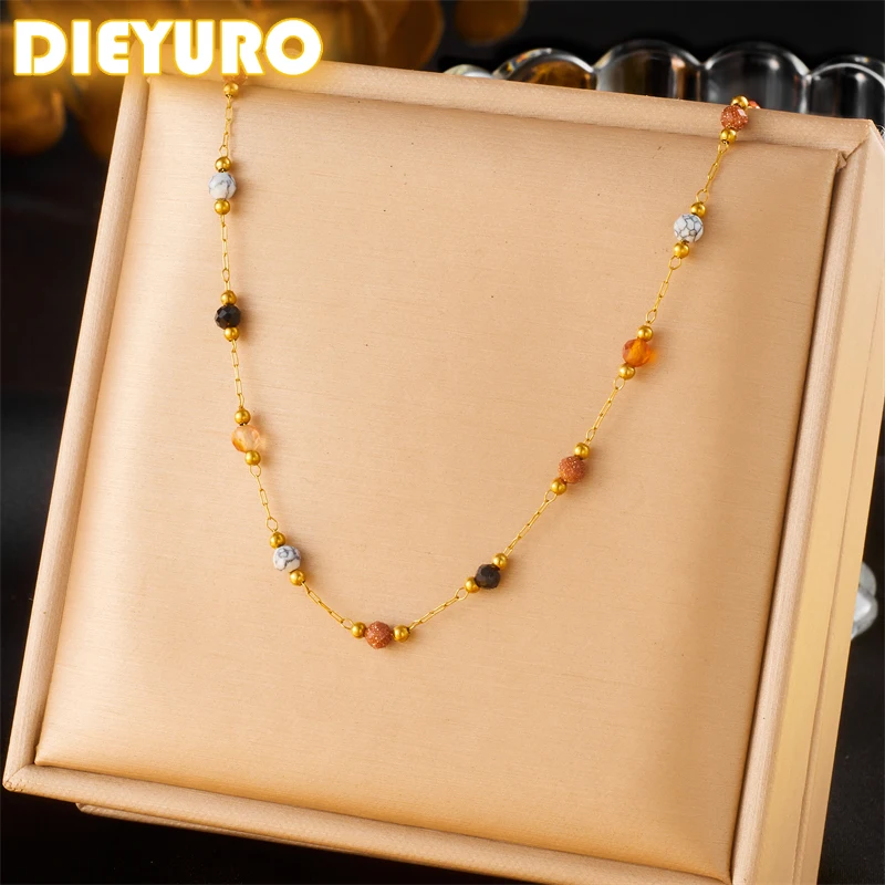 DIEYURO 316L Stainless Steel Natural Colored Beads Simplicity Necklace For Womens New Fashion Exquisite Neck Chain Jewelry Gift