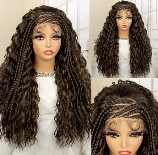 26 Inches Synthetic Lace Frontal Cornrow Braided Wigs with Baby Hair Curly Wave Wavy Braids Wig for African Black Women